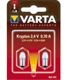 Blister 2 bulbs Krypton 2.4V 0 .7A smooth Cap Varta