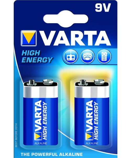 Blister 2 batteries alkaline 9V 6LR61 High Energy Varta